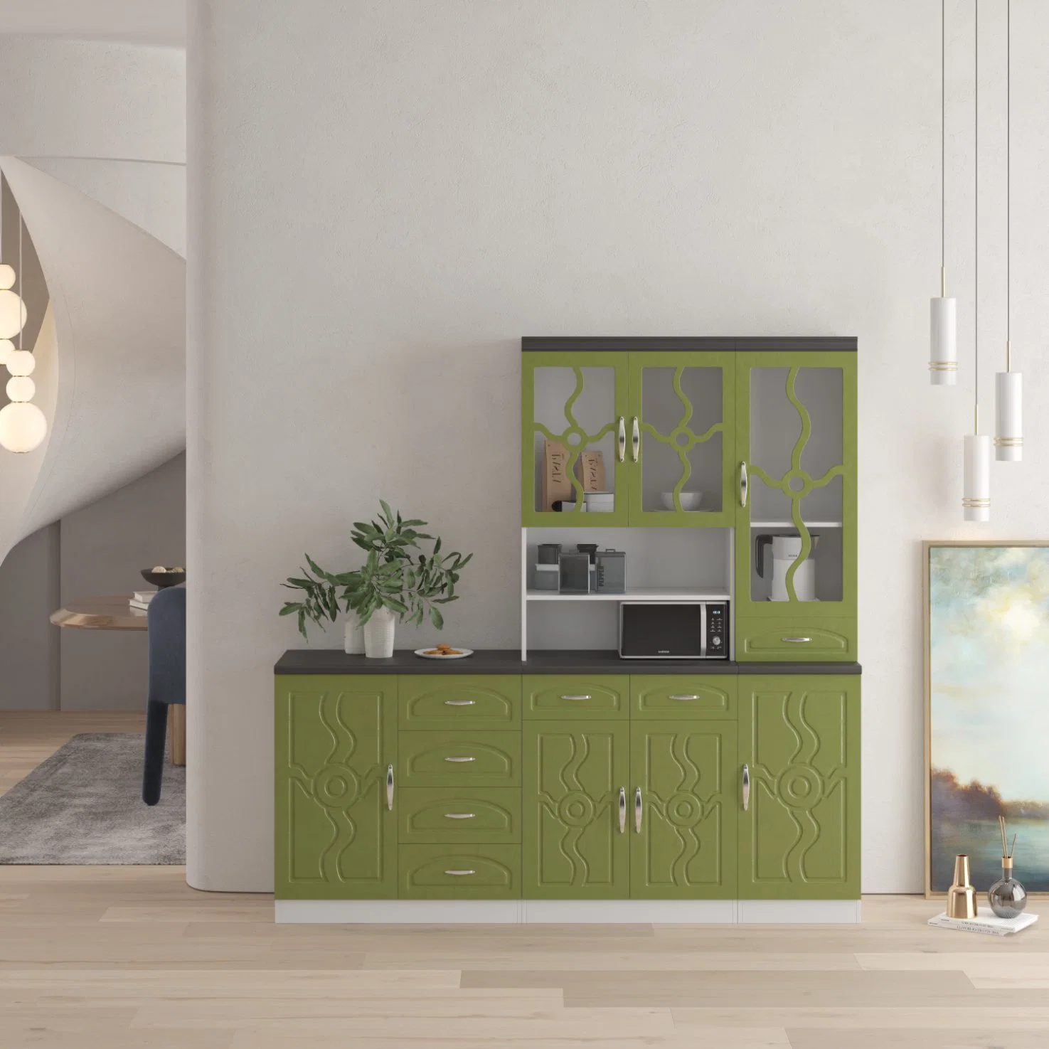 Precio al por mayor Verde estilo lineal Gabinetes de Cocina con cajón de almacenamiento MDF Living Room Furniture Display Cabinet Wall Kitchen Cabinet Foshan