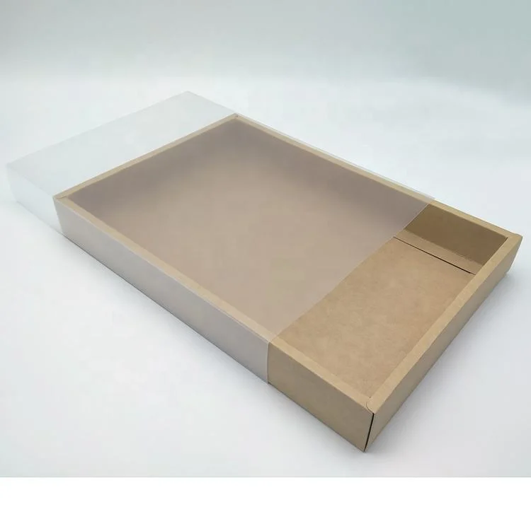 Prime Branded Packing Custom Brown Transparent Clear Frosted PVC Sleeve Sliding Box Kraft Paper Drawer Boxes with Clear Window