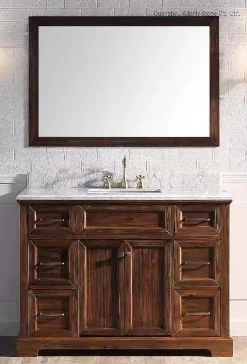 Quarto estilo Vanity Set Design com toucador de mármore Natural Carrara White Topo e dissipador de cerâmica