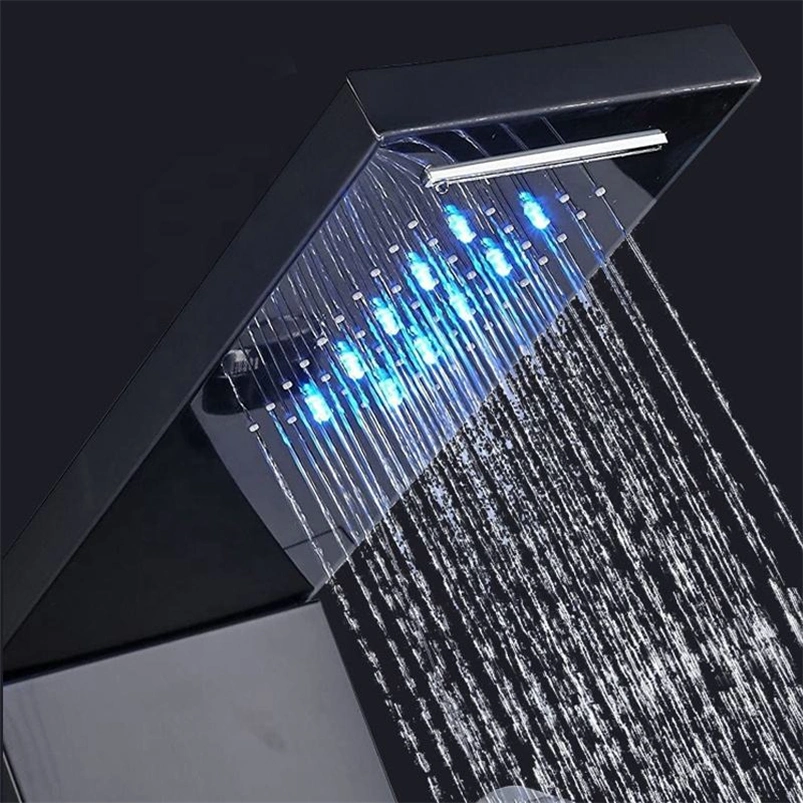 Acero Inoxidable Negro moderno en la pared del Panel de ducha con cascada, masaje cuerpo chorros de agua, luces LED, y una sola palanca para baños Apartamento