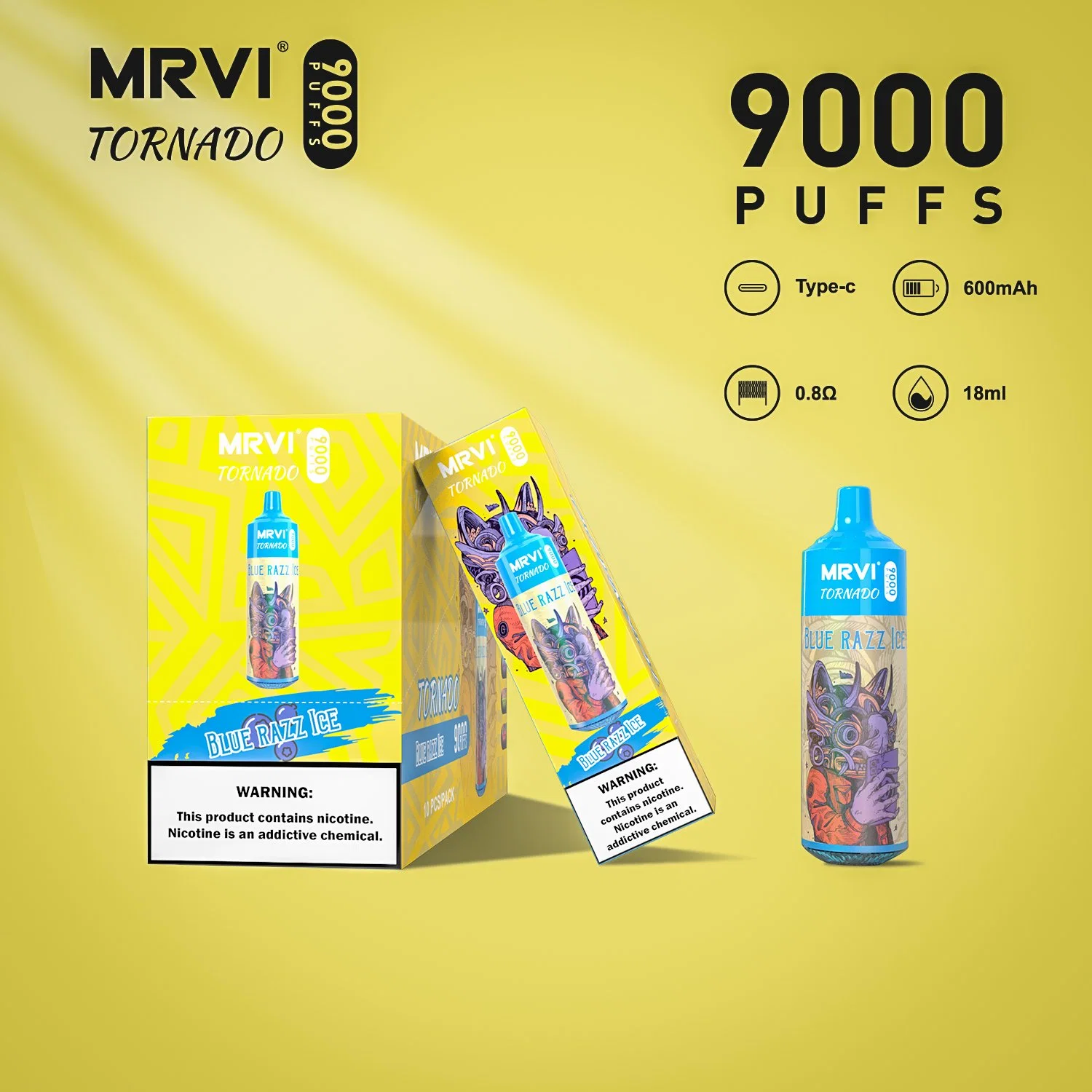 Caneta de papel descartável Mrvi tornado 9000% 2% e 3% 5% originais Design de depósito RGB intermitente 10 sabores tipo C recarregável descartável Mini E-cigarro