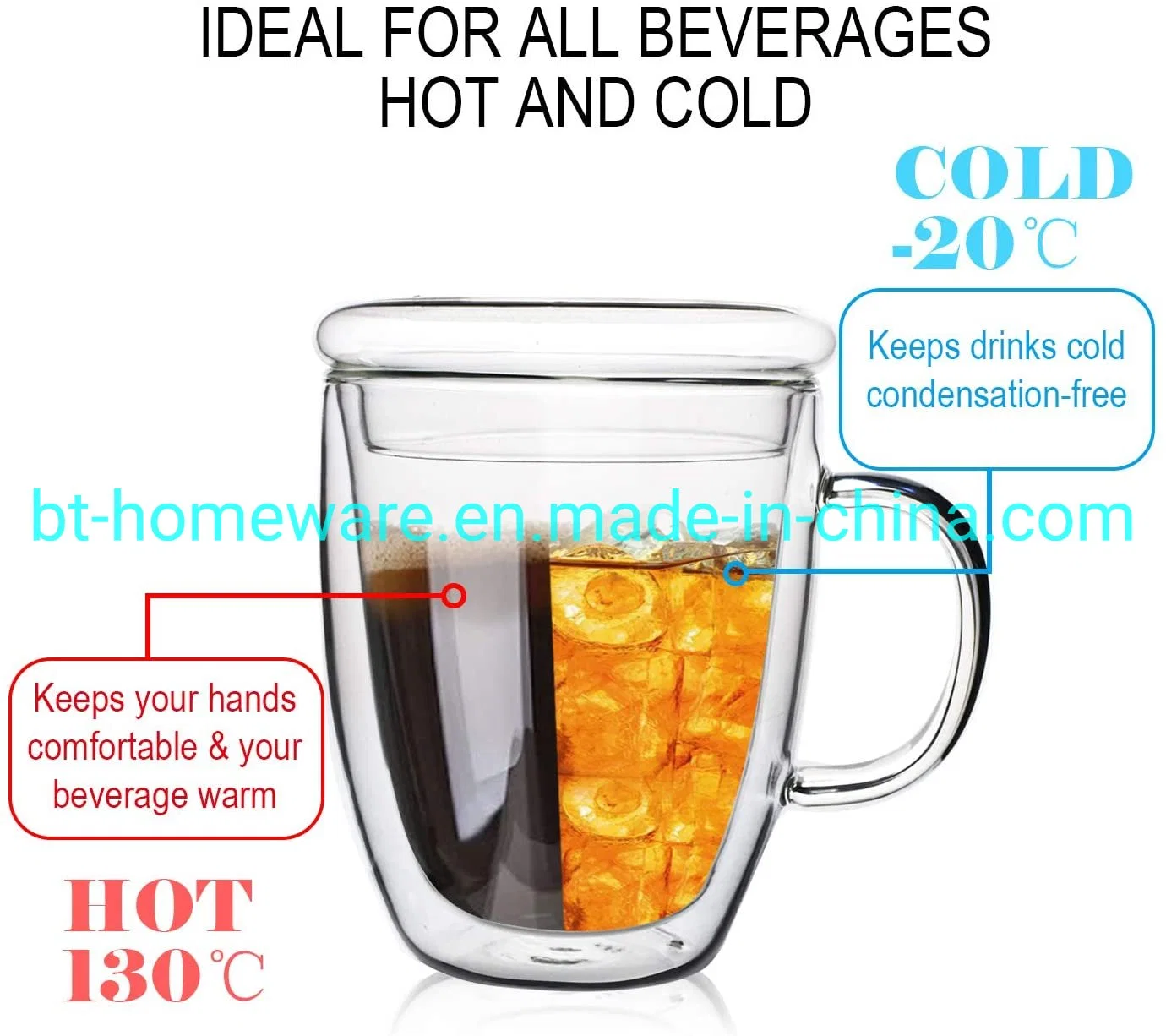 Comercio al por mayor 15oz 450ml Vidrio Doble Vidrio de borosilicato de fácil limpieza para el café té leche cerveza con tapa y el asa de bambú para el uso diario de la Oficina de regalo