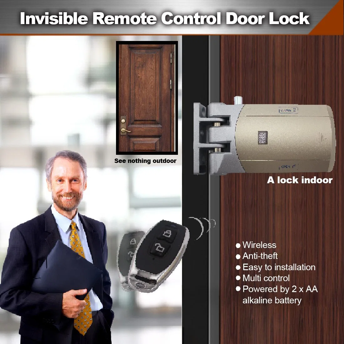 No Wiring Easy to Installation More Secure Anti-Theft 433MHz Invisible Smart Door Lock with 2 Remotes