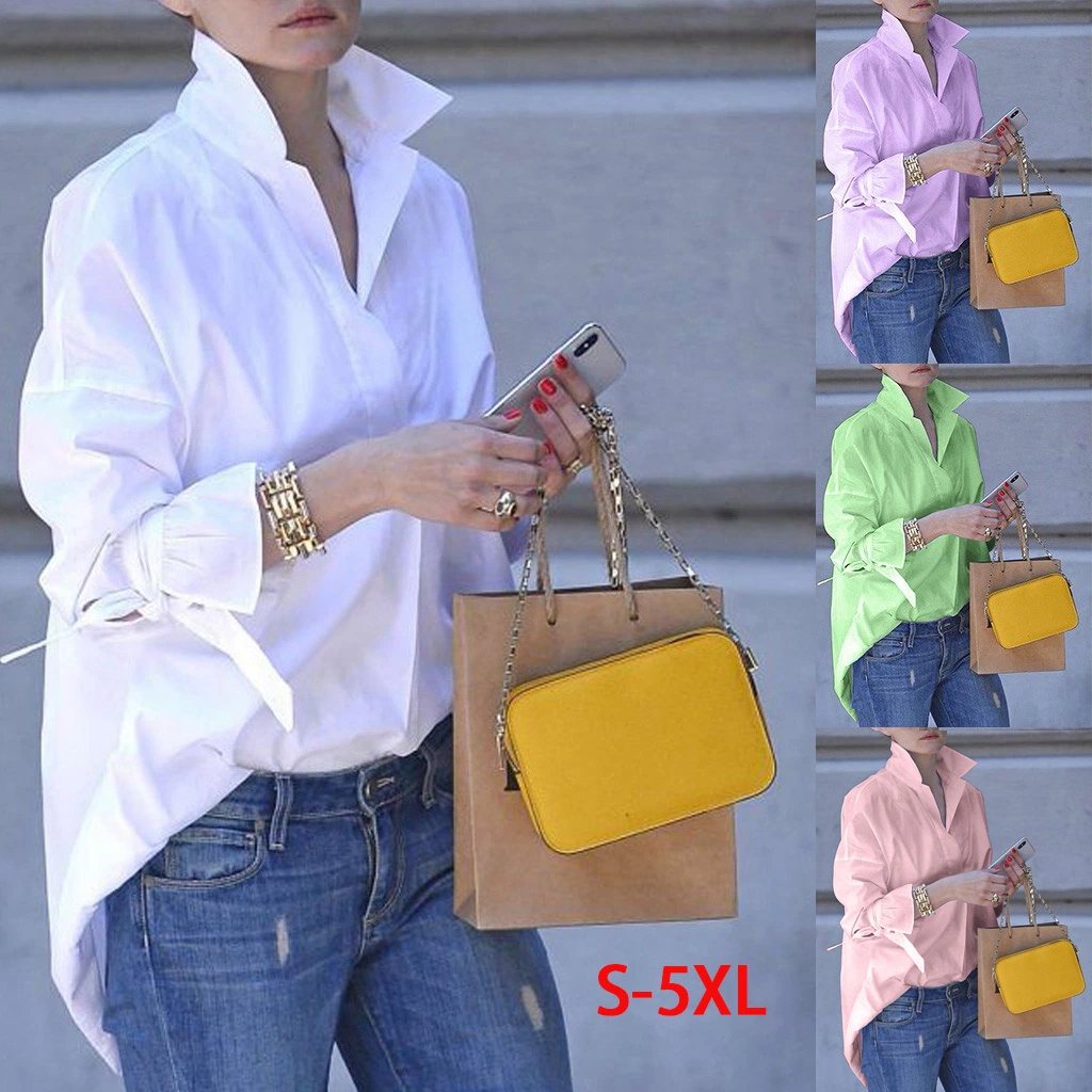 Spring Long Sleeve Women Casual Shirt Top Lapel Shirt Fashion Plain Print