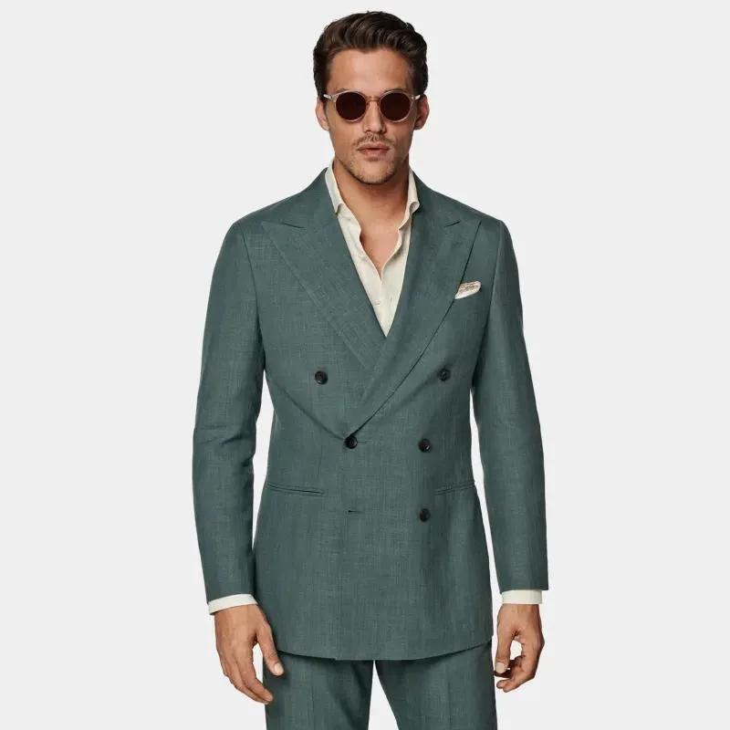 OEM Medium Green Wool, Silk and Hemp Blended Men's Banquet Slim Double-Breasted Suit