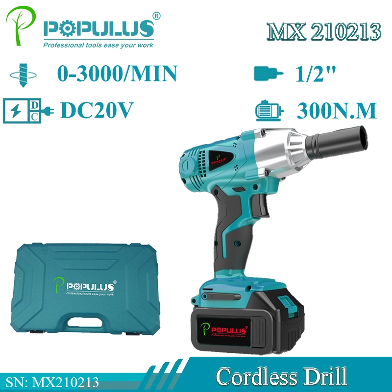 Populus Automobile Maintenance 20V Rechargeable Lithium Wrench 1/2" 3000bpm Impact Rate Electric Brushless Impact Wrench Cordless Wrench for Turkish Market