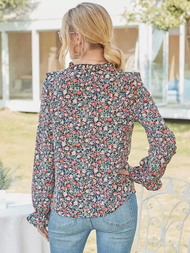 New Floral Print V Neck Ruffled Sleeve Bottom Women's Blouses and Shirts