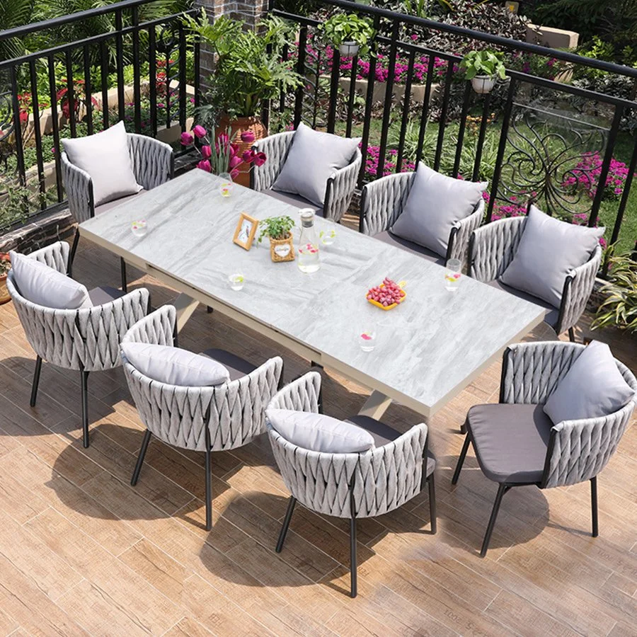 Modern All Weather Teak Outdoor Furniture Garden Set Solid Wood Teak and Rope Mixed Dining Table and Chairs Set