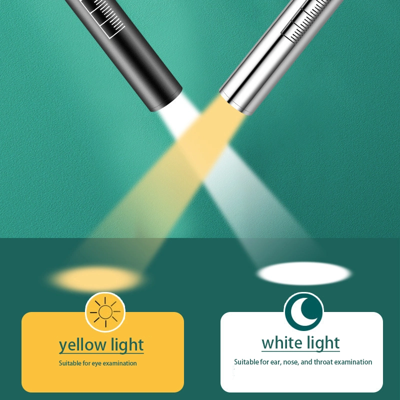 Stylo médical rechargeable USB multifonctionnel à double lumière jaune et blanche pour diagnostic des pupilles.