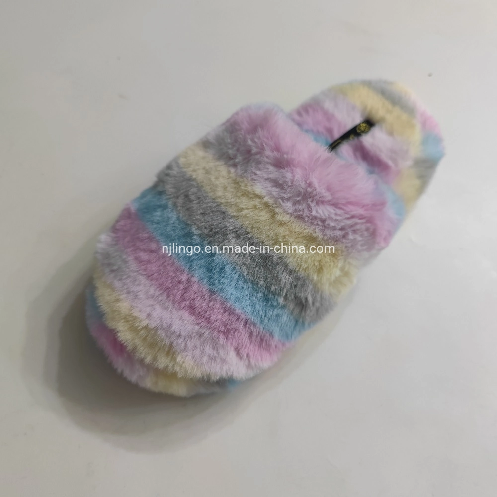 Ladies Fashion Rainbow Color Fluffy Indoor Slide Slippers Home Anti-Skid Furry Women Slippers