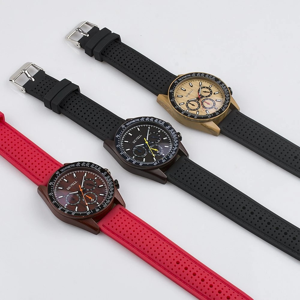 Customized Watch Wooden Case and Plastic Silicon Strap Bewell Watch
