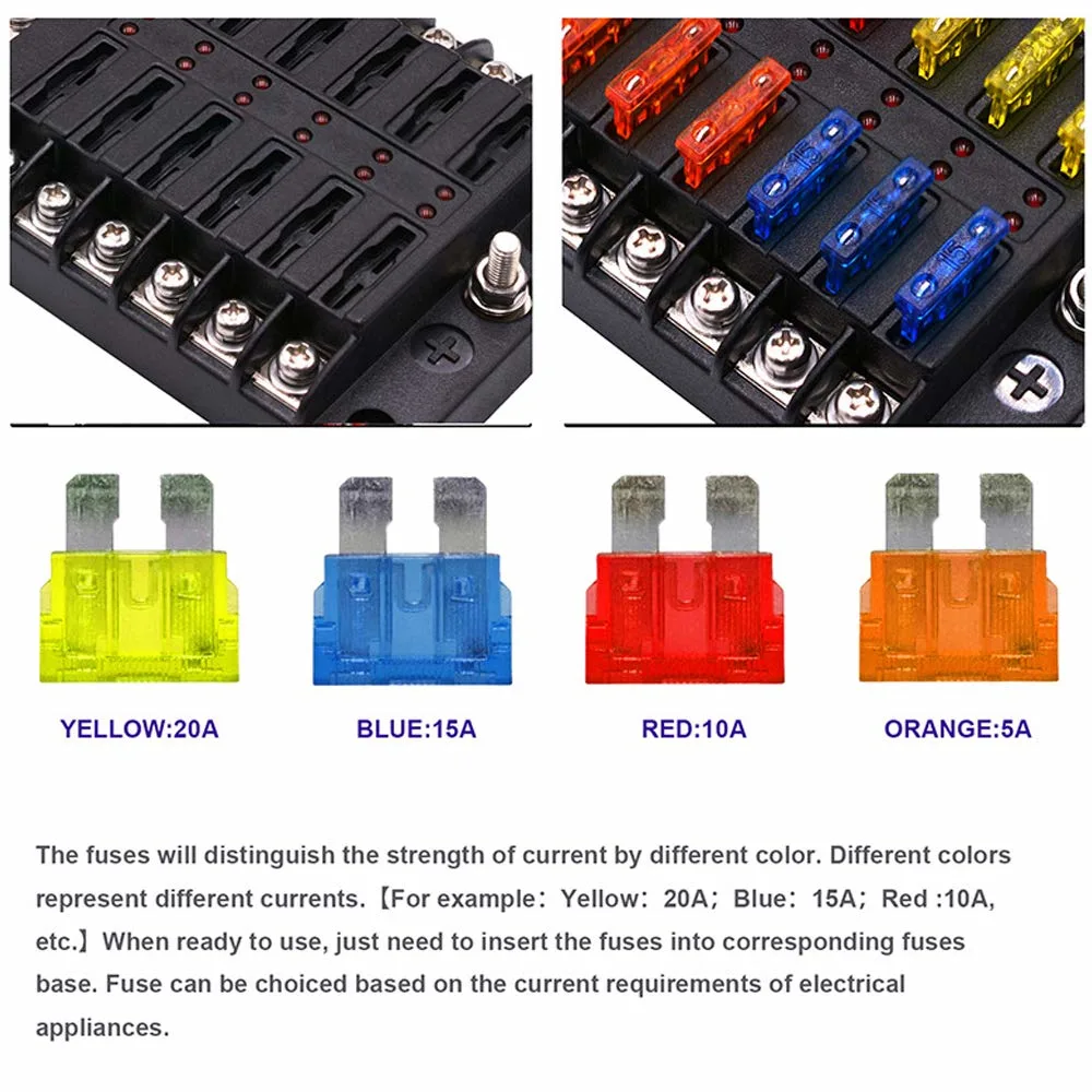 12-Way Fuse Box Blade Fuse Block Holder Screw Nut Terminal W/Negative Bus 5A 10A 15A 20A Fuses LED Indicator waterproof Cover for Automotive Car Marine Boat