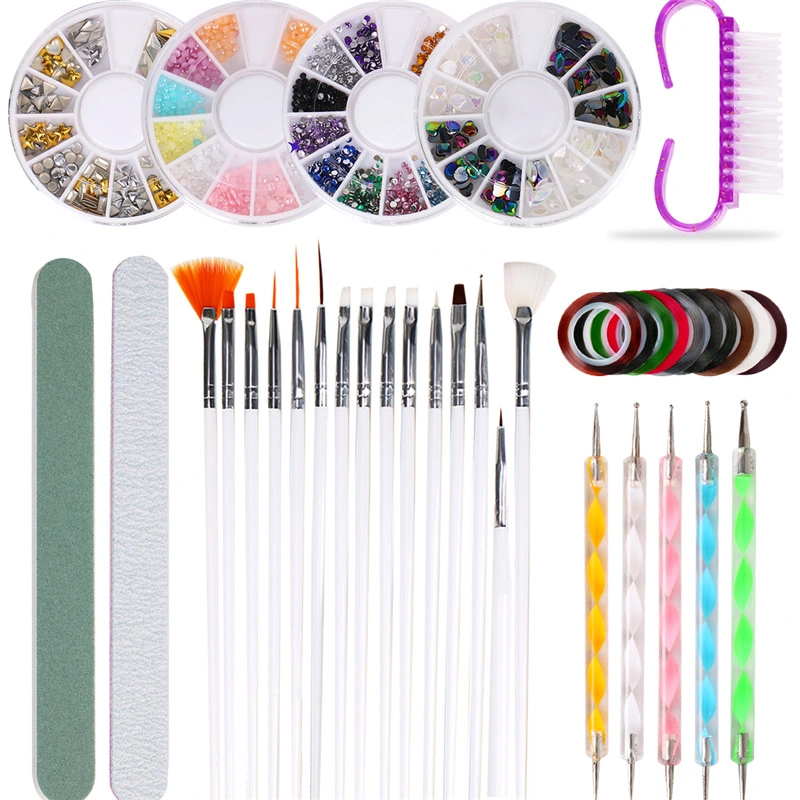 37PCS Manicure Set Irregular Rhinestones Pearl Nail Foils Decoration Cleaning Nail Art Brushes Nail File Dotting Pen Nail Tools