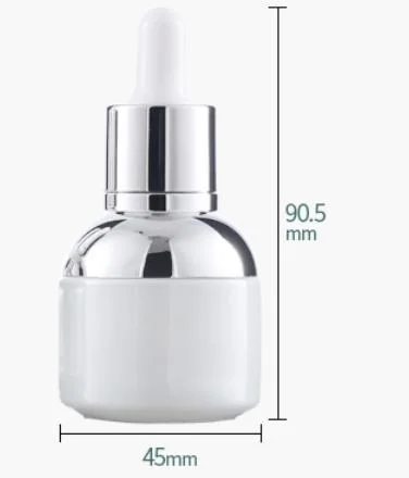 30ml de lait personnalisée de l'épaule ronde de couleur blanche avec conteneur en verre compte-gouttes cosmétiques compte-gouttes d'argent pour l'huile essentielle de l'emballage