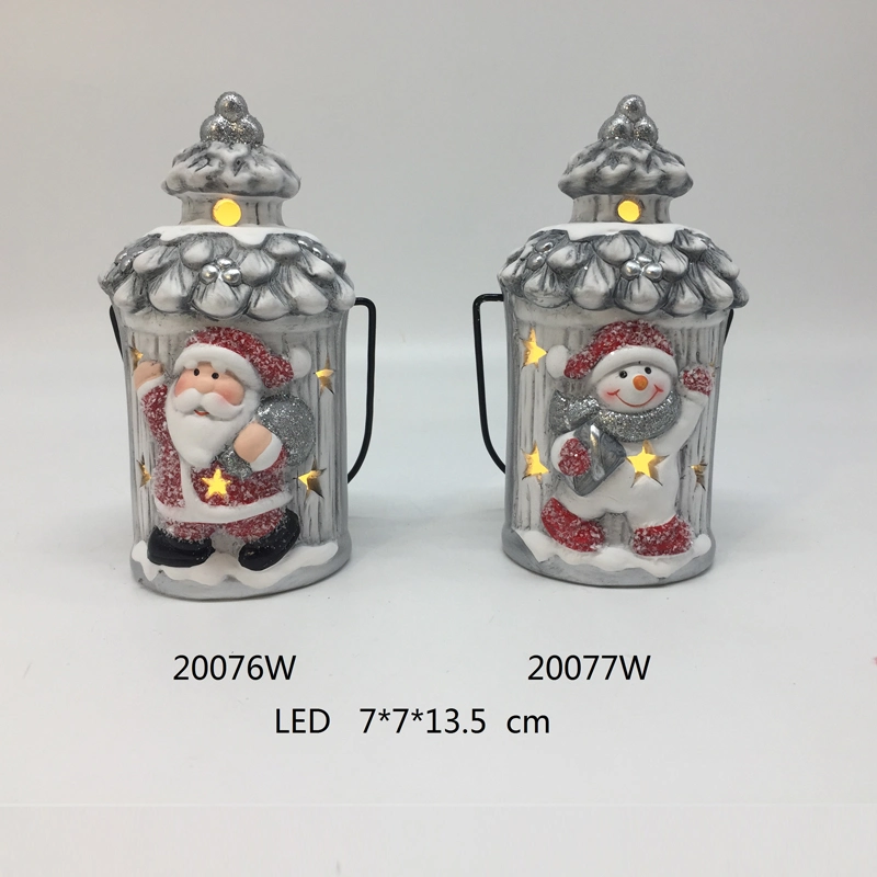 Handling Ceramic Santa&Snowman Assortment Storm Lantern, LED Night Light Lamp for Christmas Decoration