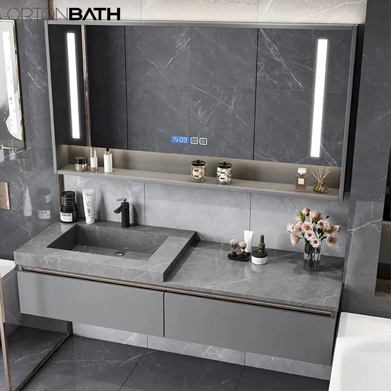 Ortonbath Grey Concrete Wall Mount Above Counter Ceramic Sink Bathroom Slate Vanity Unit Cabinet Artificial Stone Bathroom Furniture with LED Mirror Cabinet