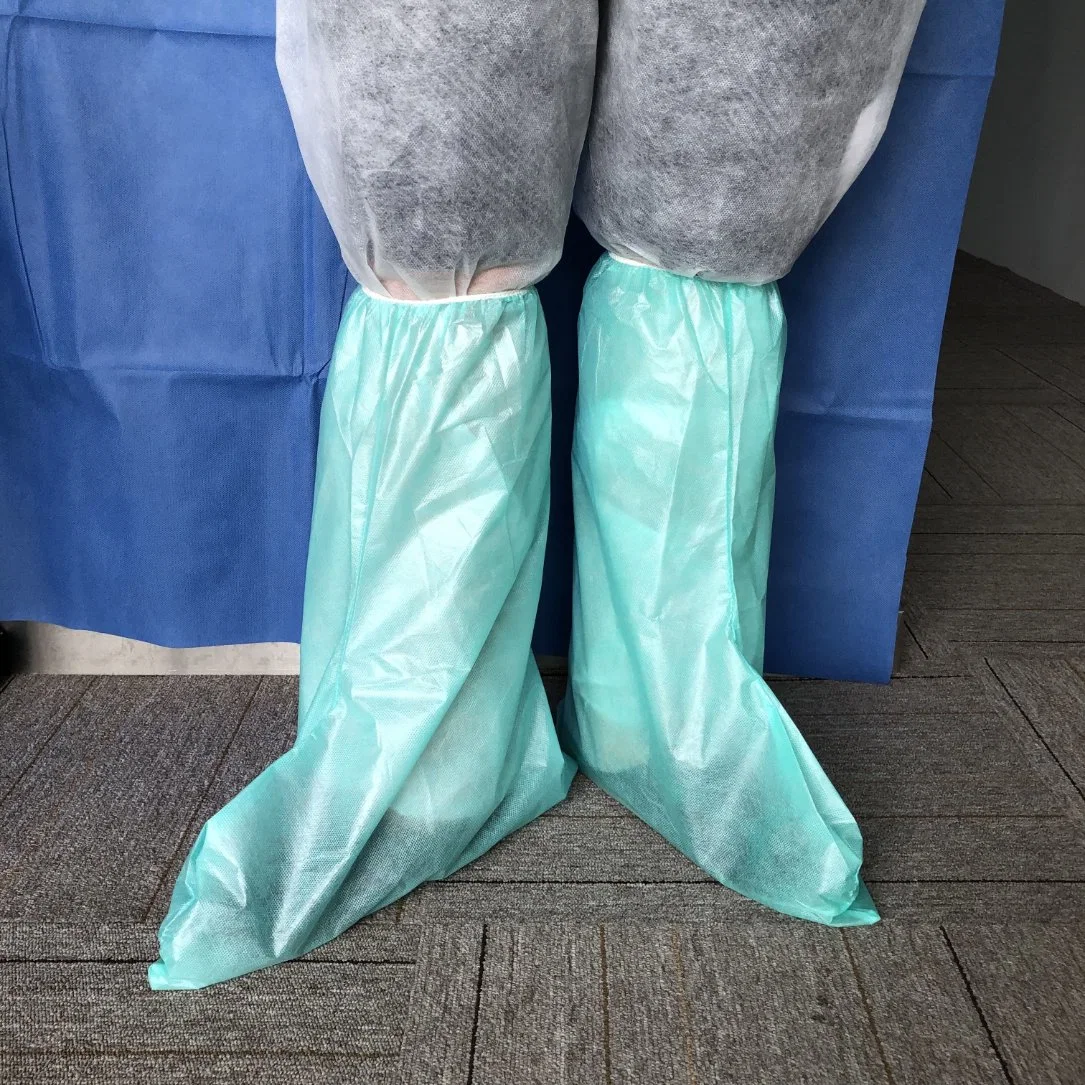 ISO13485 Disposable Nonwoven Pharmaceutical Surgical Medical Nonskid Waterproof Plastic Knee Length PP/PE PE Coated Boots Foot Strap Overshoes for Painting