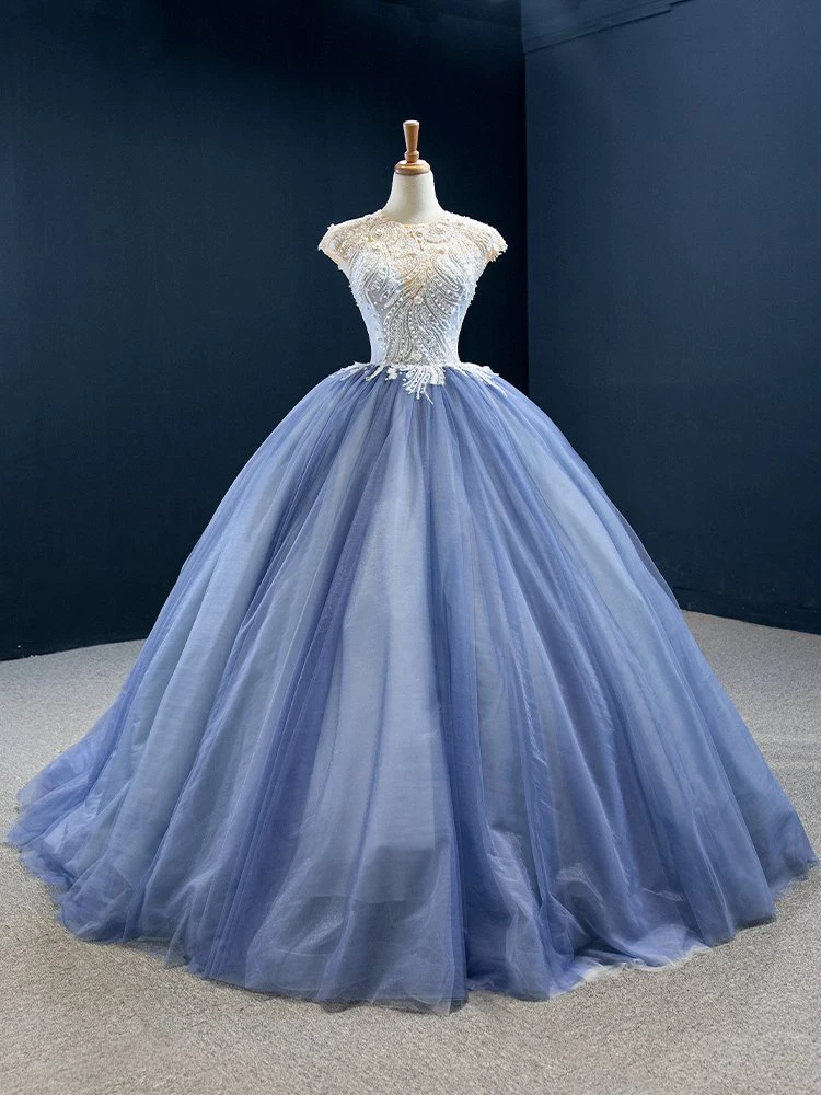 Blue Quinceanera Dresses Cap Sleeves Bridal Wedding Ball Gowns M89228