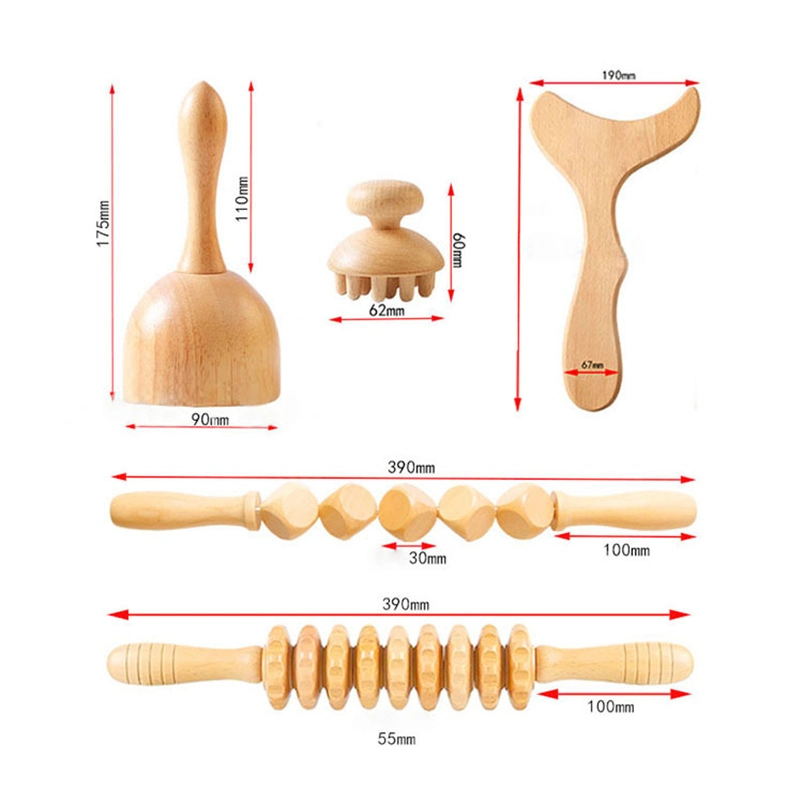 Wooden Gua Sha Tools Accessories Anti Cellulite Massage Set Wooden Roller Lymphatic Drainage Tool