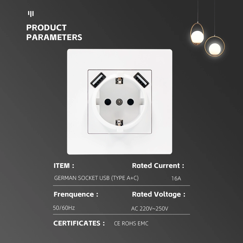 EU Standard White Black PC Panel USB Charger 250V 16A German Power Socket with USB Port Dual Type a