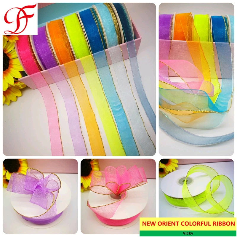 Manufacture Wholesale/Supplier OEM Sheer/Organza Ribbon with Single Color Metallic Edges for Bows/Decoration/Xmas/Wrap/Garments Accessories/Christmas