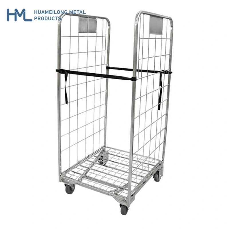 2 Sided Warehouse Collapsible Wire Mesh Roll Container Trolley Supplier