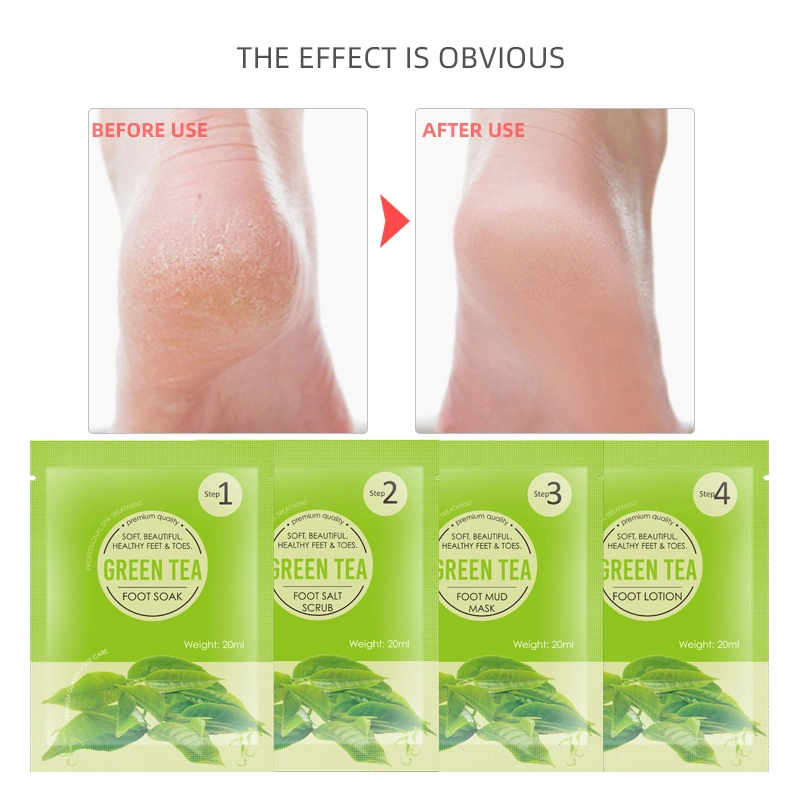 Factory Price 4 in 1 Feet Scrub Green Tea Pedicure Peeling off Skin Care Set Moisturizing Exfoliating Foot Soak Salt