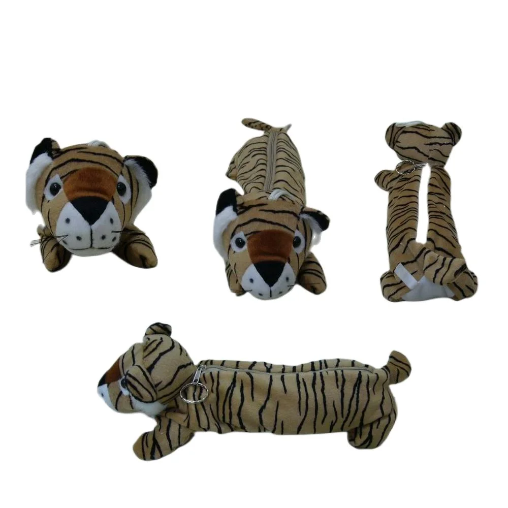 Customized Plush Animal Tiger Student Pencil Case 29cm Brown Soft Stuffed Toys with Zipper Pen Bag/Pouch