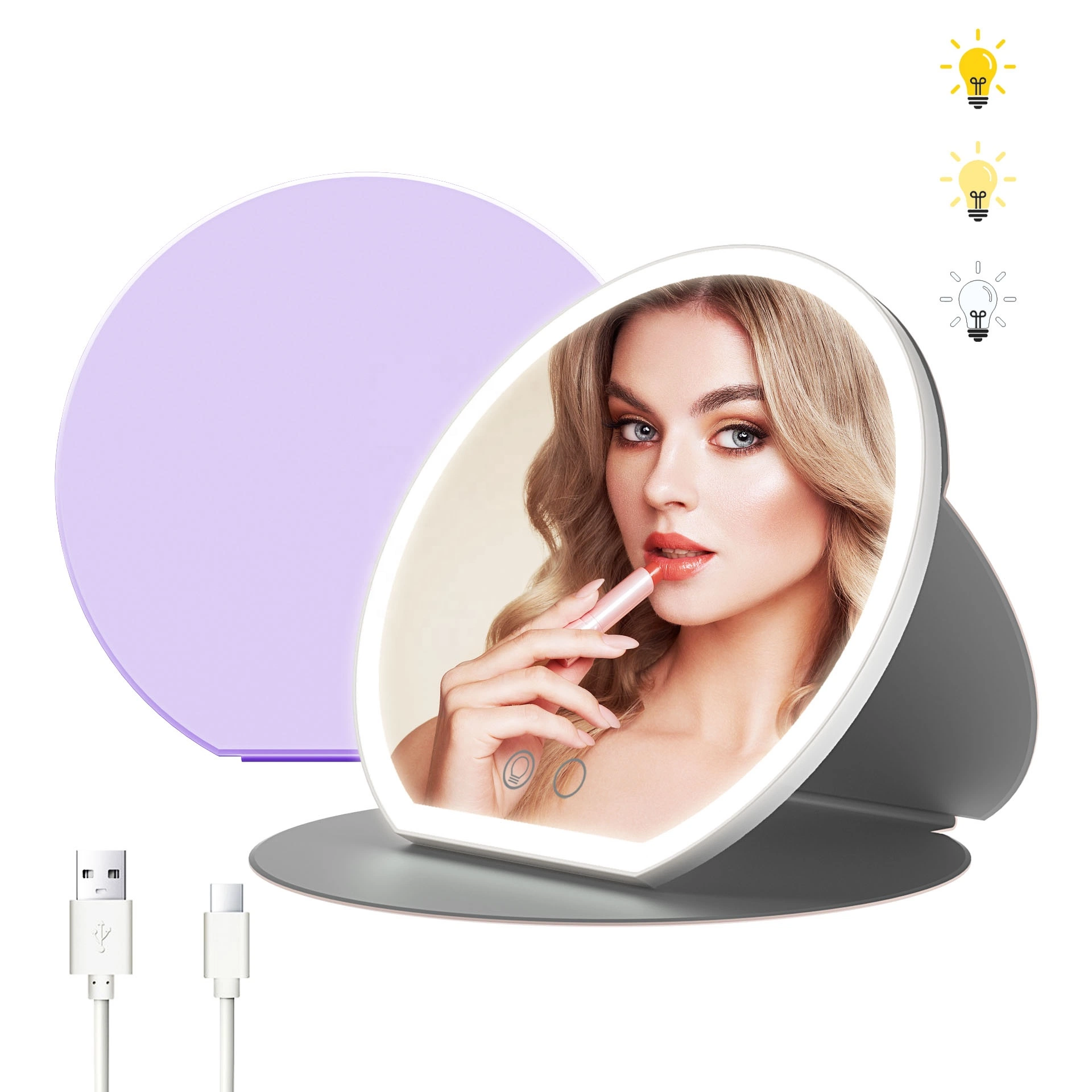 Smart Vanity Mirror LED Light Rechargeable Cosmetic Mirror Touch Screen Makeup Desktop Mirror