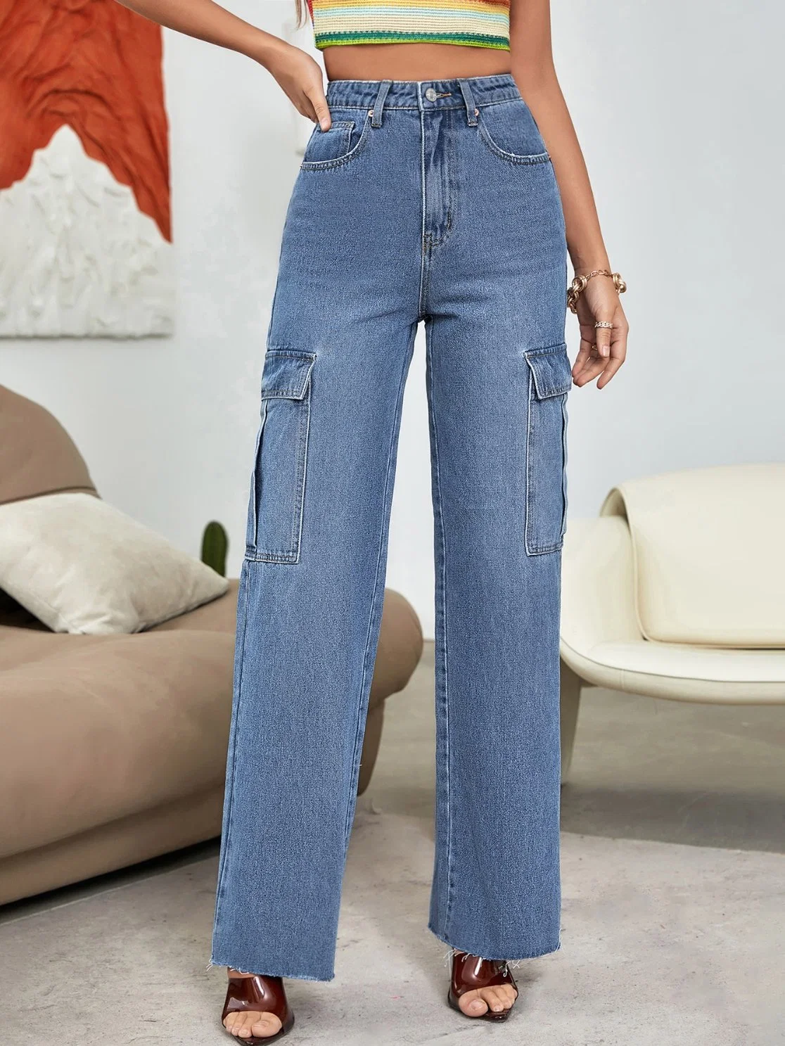 New Fashion Brand Jeans Design High-Waisted Side Flip Pocket Frayed Edge Straight Leg Jeans