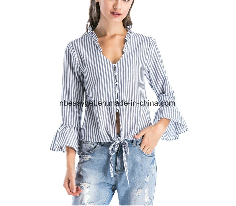 Womens Casual V Neck Striped Chiffon Blouses Long Sleeve Button Down Shirts Tops Esg10609