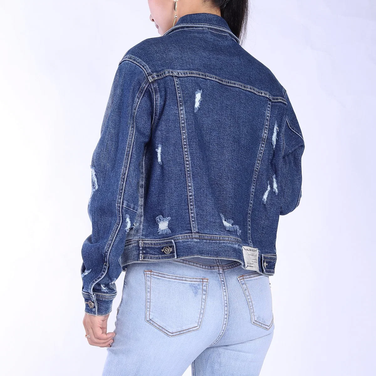 Custom Vintage Blue Ripped Design Plus Size Long Sleeve Women Denim Jackets