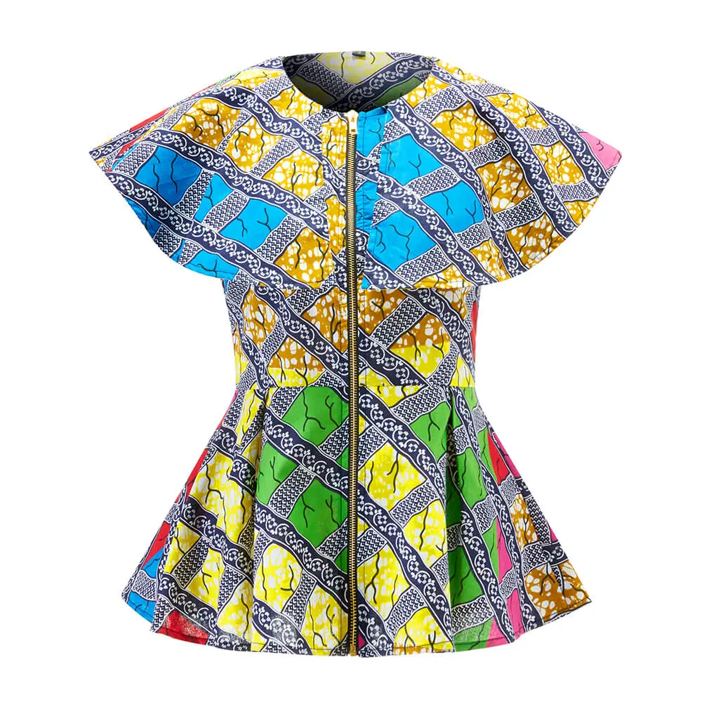 2021 Summer Wholesale/Supplier Custom African Wax Print Plus Size Casual Women Tops with Zipper