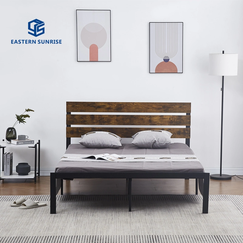 New Design Bedroom Furniture, Metal Bed Frame with Wooden Headboard, Easy Assembly