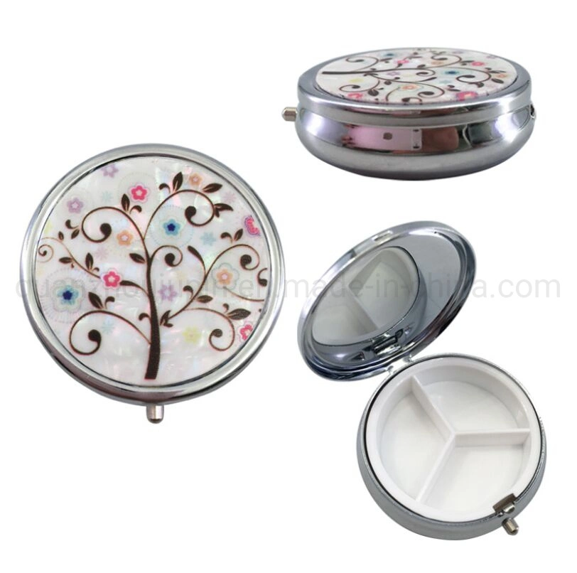 OEM Metal Portable Multi-Pattern 3 Grid 40mm Round Clamshell Pill Box