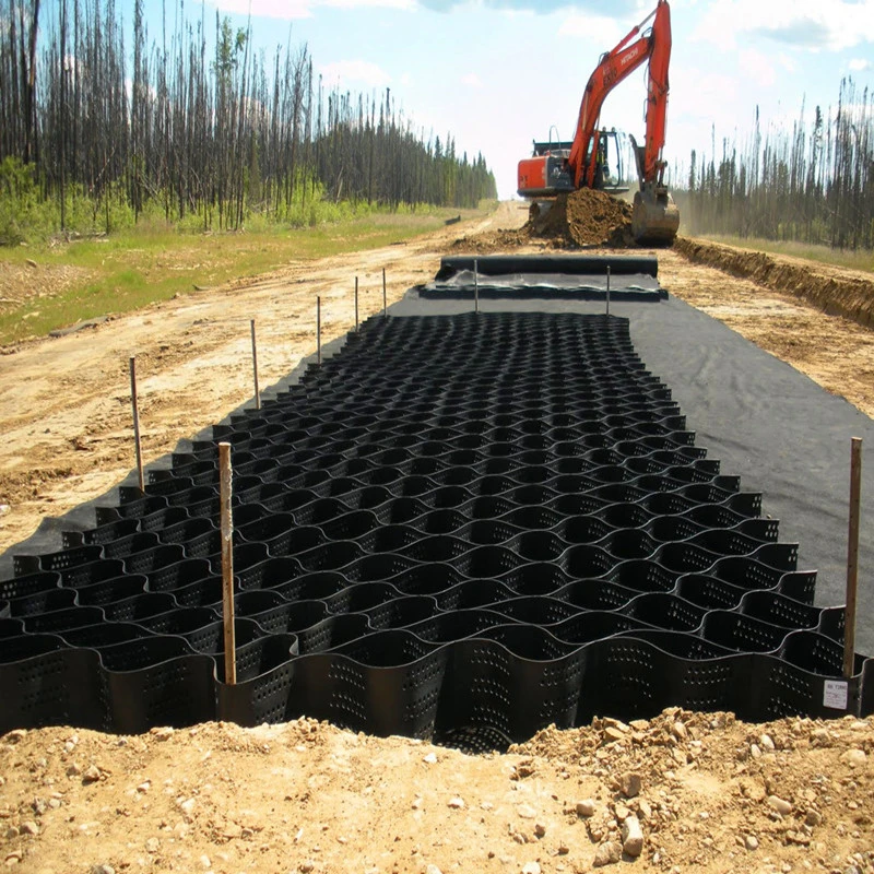 La superficie con textura de color negro de plástico HDPE Geocell Estabilización de la gravilla utilizada en la construcción de carreteras