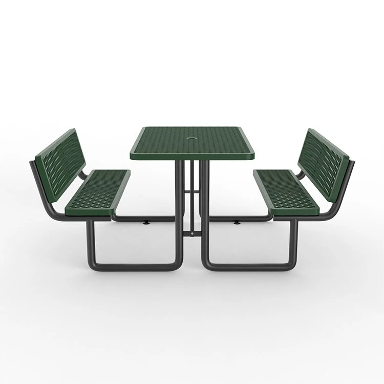 OEM 48" Hotel/Hospital Courtyard Rectangular Green Table and Chairs with Umbrella Hole Expanded Metal Picnic Table with Backrest