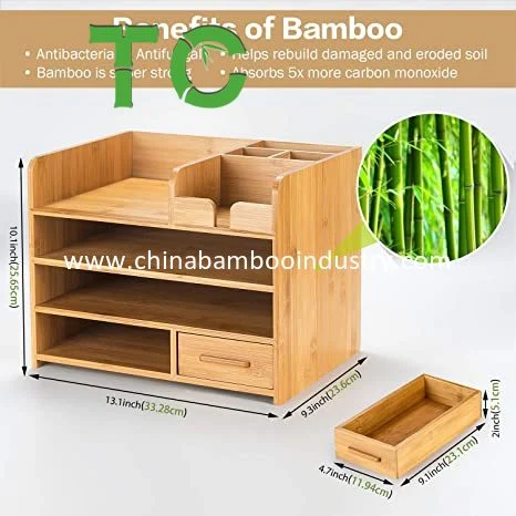 Factory Price 4-Tierbamboo Desktop Organizer Office Desk File Organizer with Drawer Desktop Sorter