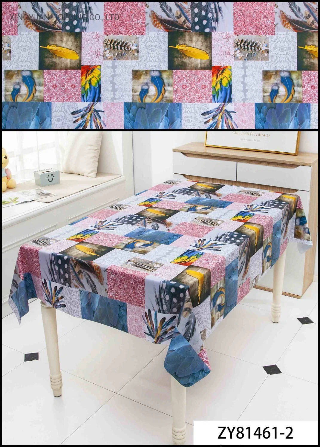 Bright Colored Feather PVC Printed Tablecloth Waterproof Oilproof Table Cloth