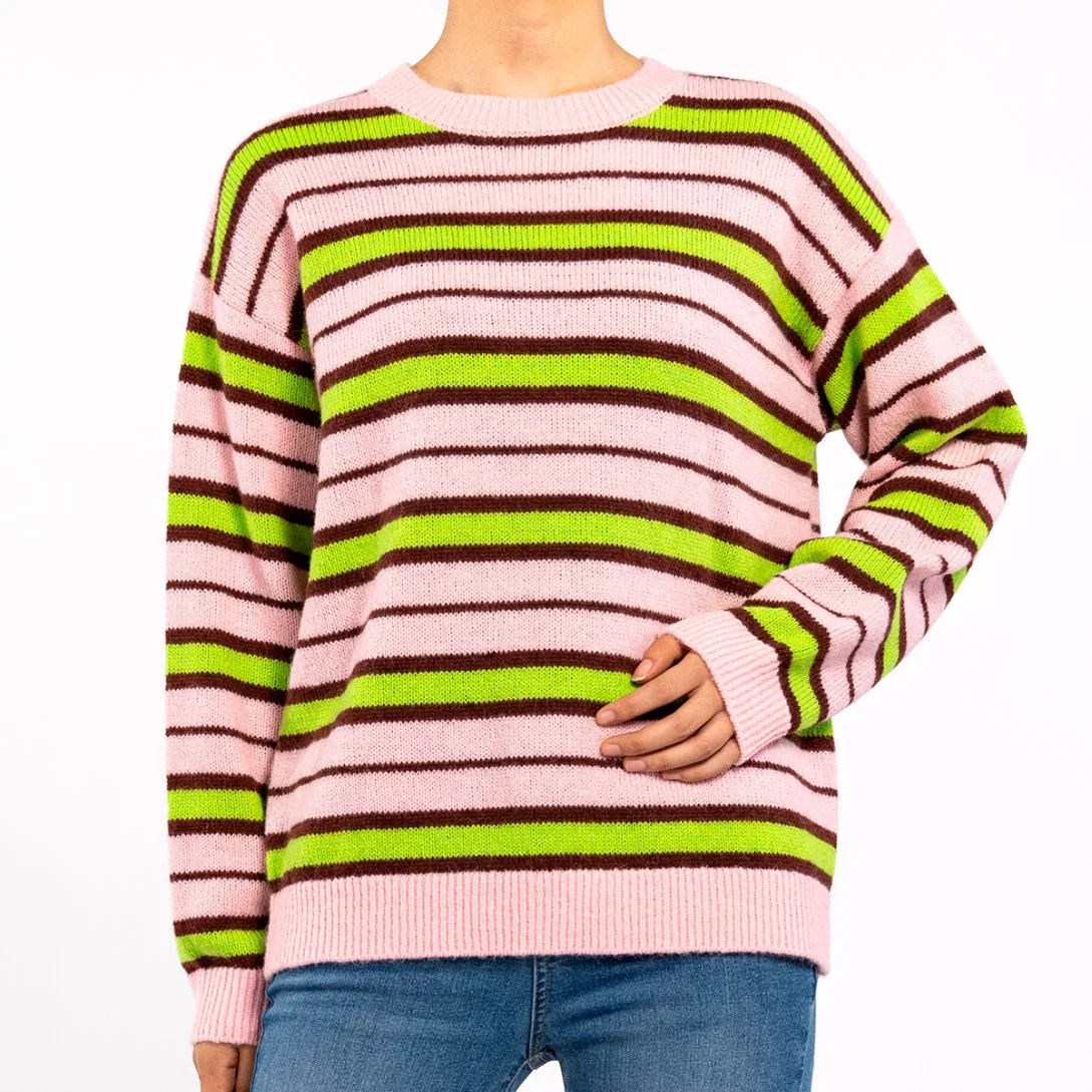 Colorful Striped Knit Lightweight Long Sleeve Loose Comfort Sweater Pullover for Women