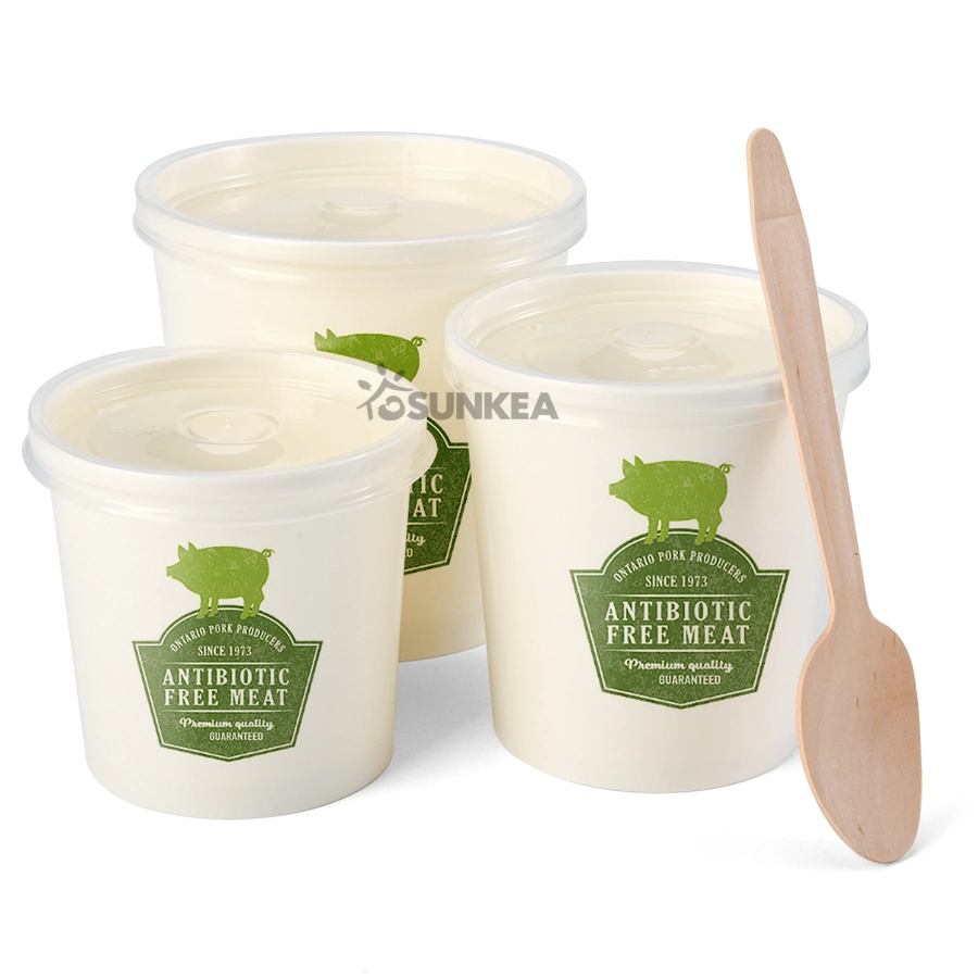 Custom Printed Biodegradable Paper Disposable Food Grade White Soup Tub with Lid