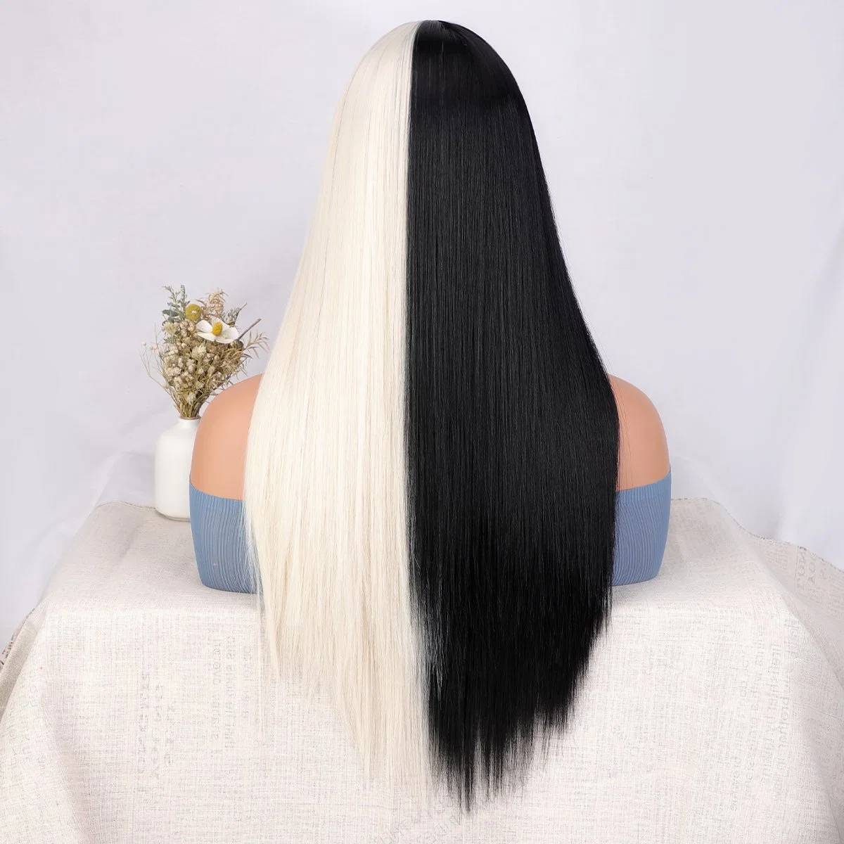 Long Straight Half Cream White Half Black Synthetic Fiber Hair Wig