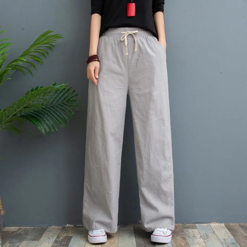 Fashion Garment Ladies Bottom Women Trousers Loose Linen Wide Leg Casual Pants