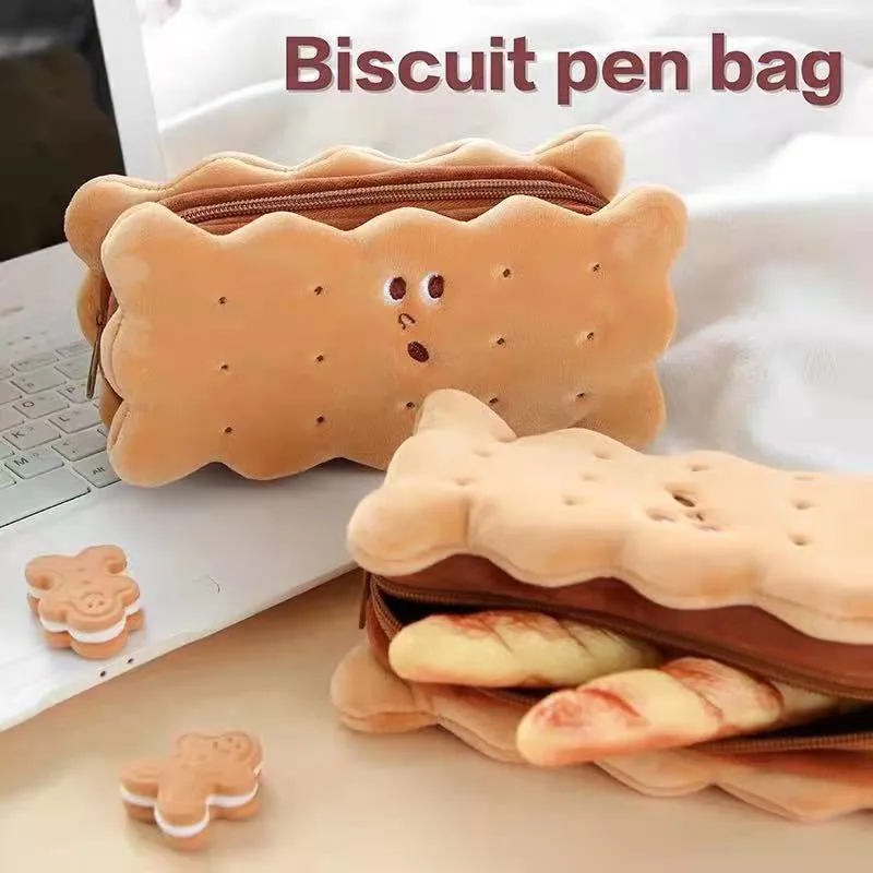 Trousse à crayons en forme de biscuit, sacs de papeterie, grande capacité, mignonne et douce trousse scolaire.