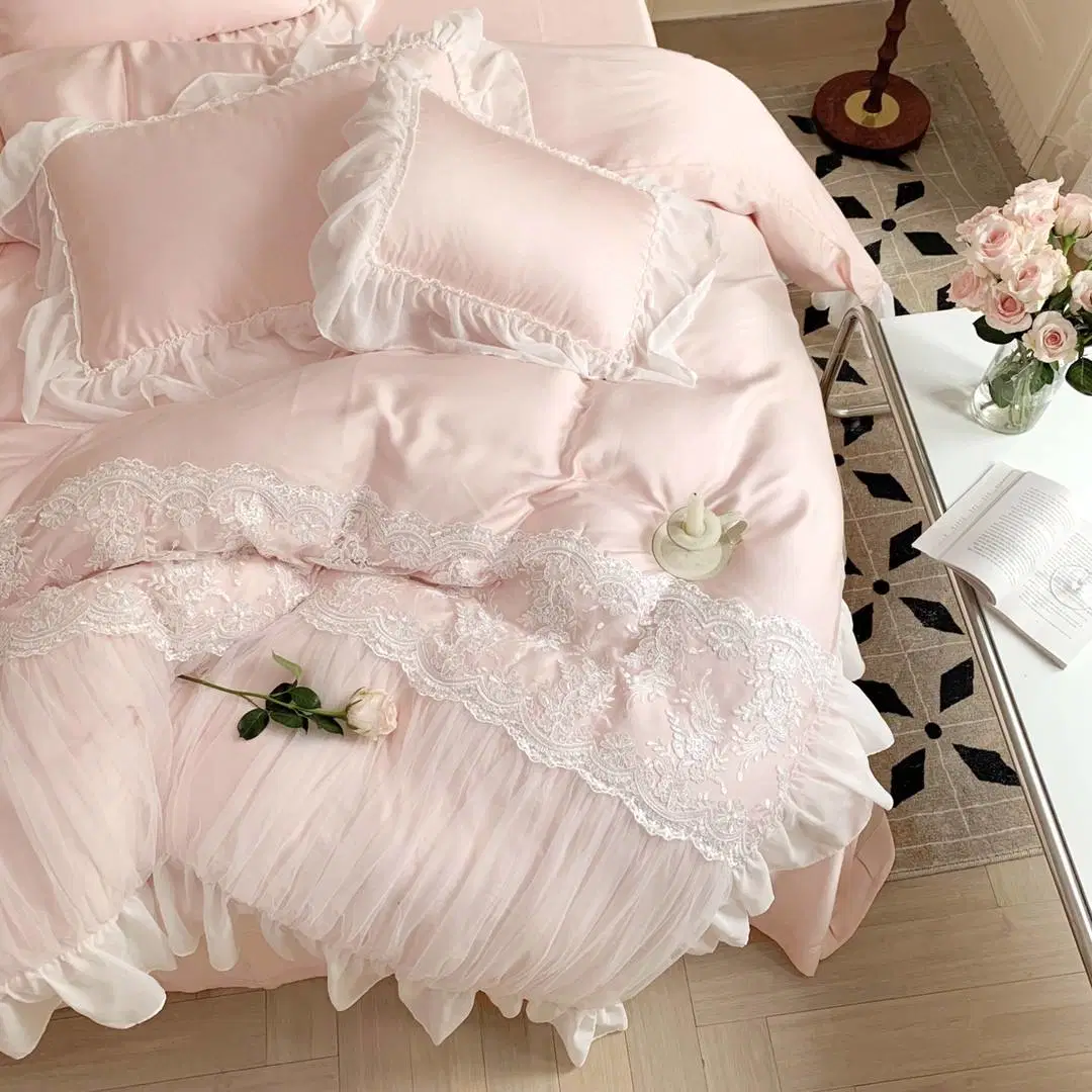 Beauté frais filles lit Queen Size draps luxueux en fibre de lyocell Parure de lit rose en dentelle