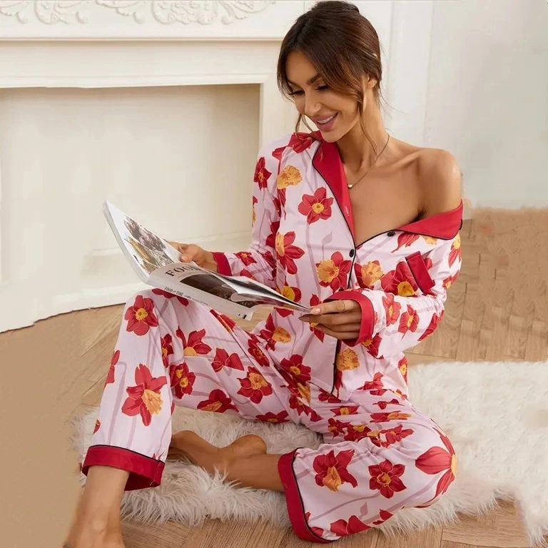 Floral Print Pyjama Long Sleeve Pajamas for Women Set Cotton