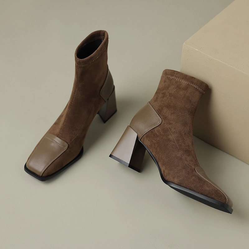 Square Toe Chaussures en cuir kaki daim Mesdames bloqué MI Talon Les femmes s'étirer bottines