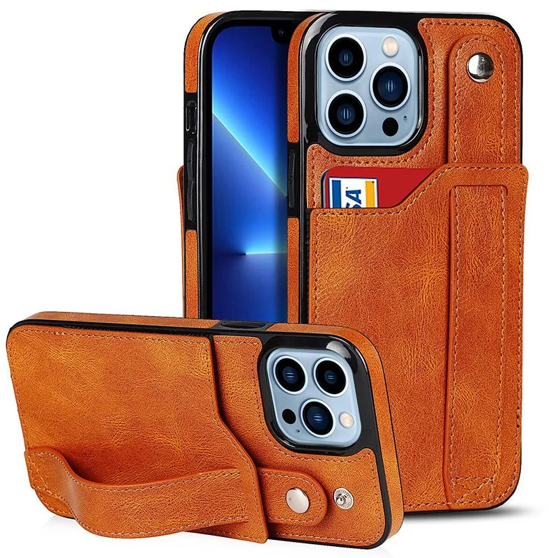 Ea318 Hot Style Mobile 11 14 PRO 15 PRO Max Wholesale/Supplier Men Phone Card Holder Designer Wrist Strap Cases with Back Cover Luxury Custom PU Leather Wallet Case