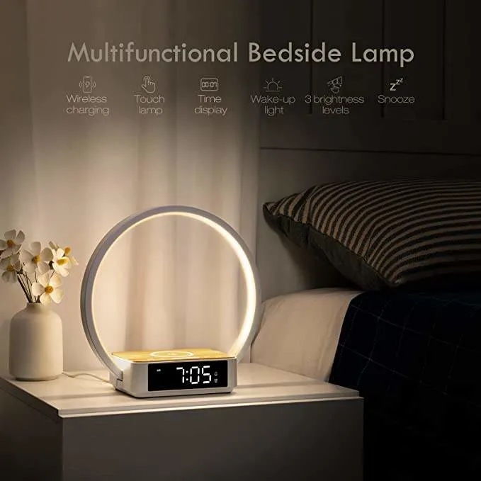 Berühren Sie Sensor Wake-up Night Light Dimmer 12V 10W 5 In 1 Wecker Wireless Charger LED Nachttischlampen