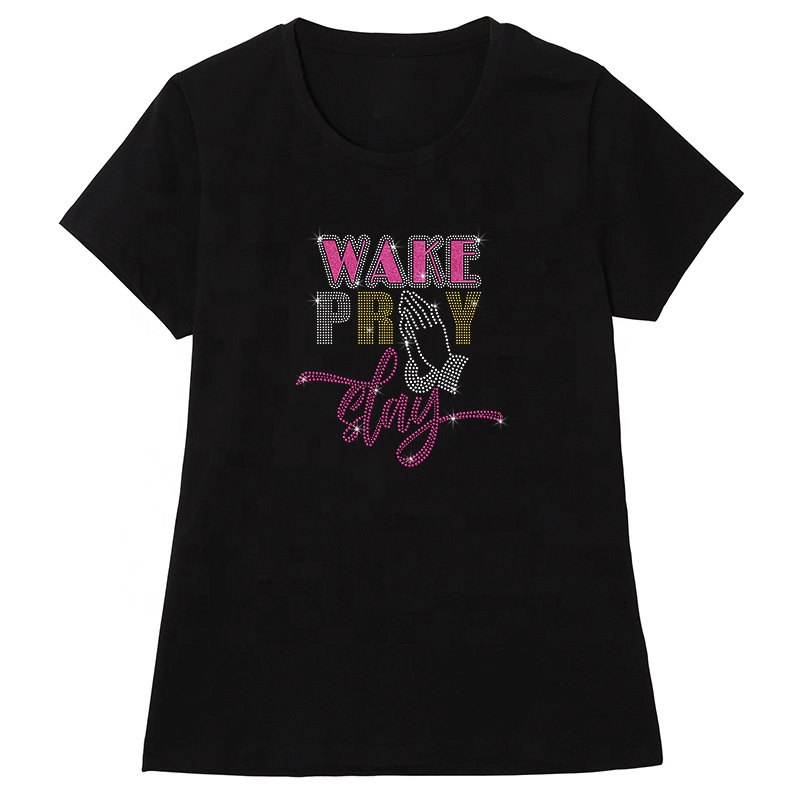 Free Sample Wake Pray Slay Glitter Heat Transfer Printing Rhinestone